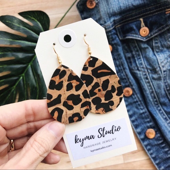 Kyma Studio Cork Teardrop Earrings in Leopard Print - Picture 2 of 4